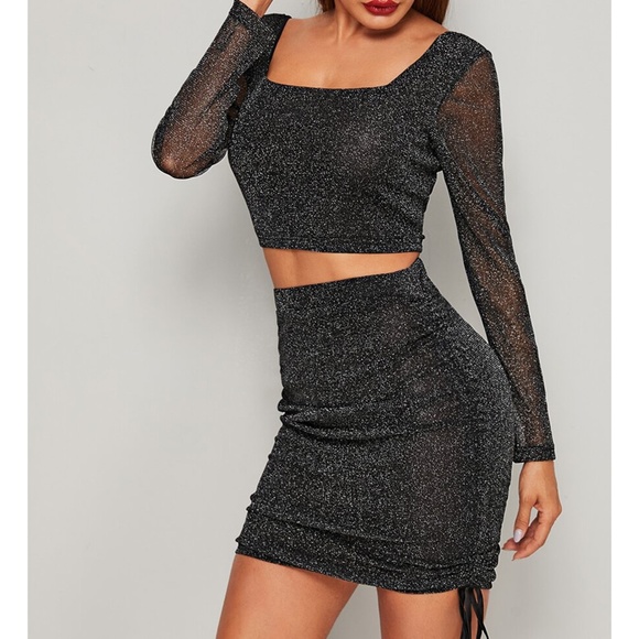 Black Silver Glitter Mesh Side Ruched 2 Piece Set - Picture 4 of 6